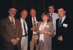 L-R. Mayor of Santiago de Compostela Spain, Robert Myers (3rd Pres), Matthew Wayner (1st Pres), Linda Spear (4th Pres), Paul Sanberg (2nd Pres) and Manuel Freire-Garabal (IBNS member and local organizer for the Spain meeting). This photo was taken at the 1995 meeting, Spain